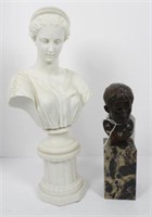 Bronze bust head on marble base 10” and white