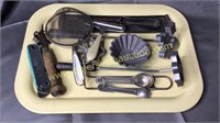 Vintage metal tray with kitchen utensils