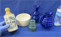 stone ginger bottle & bowl -blue vases -insulator