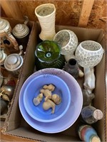 2 boxes of decor and glassware, mugs , brass and