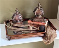 Finial Bookends, Mirrored Tray, Book & Tassel