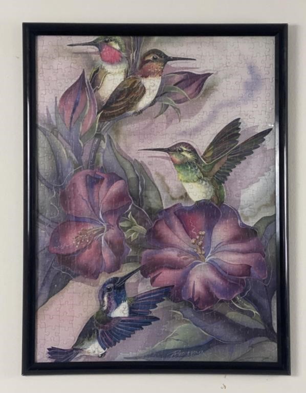 Hummingbird Puzzle framed 19”x25”, puzzle signed