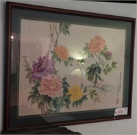 Framed Chinese oriental floral watercolor