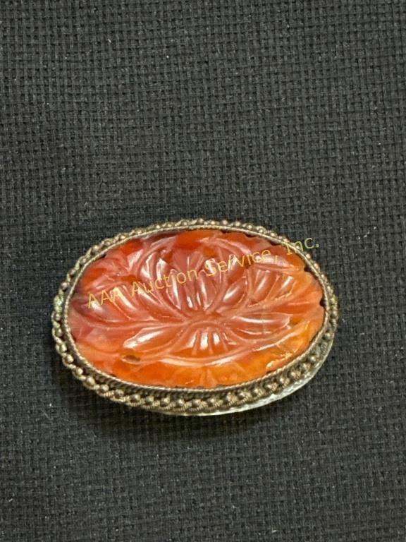 Antique Chinese silver & carved carnelian brooch,