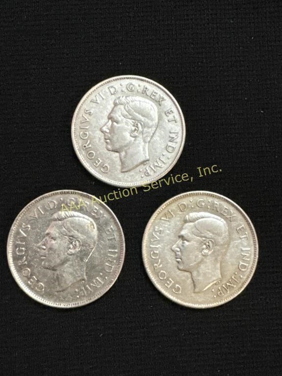 (3) silver 1945 Canada 50 cents coins