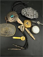 Vintage bolo tie, buckles, small pocket watch more