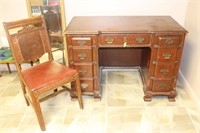 Vintage Kneehole Desk w/ Skelton Key Lock & Chair