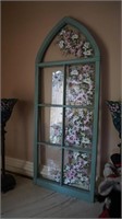 HAndpainted window w/ pink and white flowers