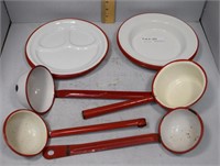 Red And White Enamel Ware - 12 Pcs - Including 8 P