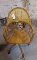 VINTAGE OAK CHAIR WITH CANE BACK - ON CASTERS