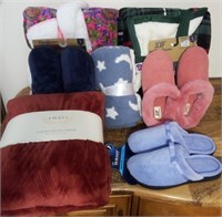 F - LOT OF NEW SLIPPERS & THROW BLANKETS (F28)