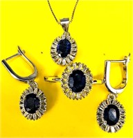 $700 Silver 10.53G Sapphire Ring Earring And Neckl