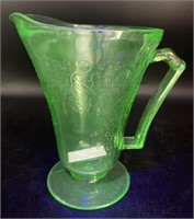 Uranium Depression Glass Footed Pitcher, 7x5x8in