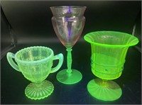 Uranium Glass Sugar Bowl, Compote Dish and Wine