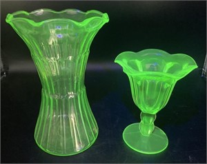 Uranium Glass Flower Vase and Sundae Glass,