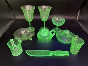 Uranium Glass Etched Glasses, Candlestick
