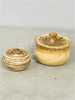 2 lidded pottery jars - 5" & 3"