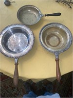 Three (3) Silver Plated Flambe Pans - Wooden