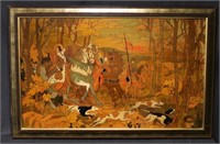 Vintage Painted Panel Hunt Scene Illustration