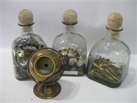 Three 10" Tall Bottles W/Items & Brass Globe
