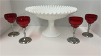 Fenton milk glass hobnail pedestal cake dish, (4)