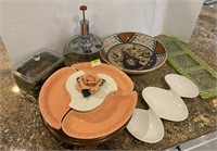 TRAYS, BOWLS, VINTAGE LAZY SUSAN AND WATER