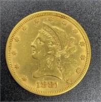 1881 Liberty Head Variety 2 $10 Gold Coin