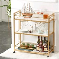 Gold Bar Cart with 3 Shelves, Wine Glass Bottle St
