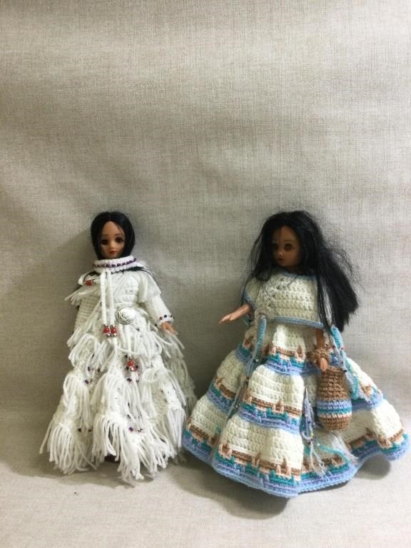 Two Navajo Dolls W/Handmade Crochet Dresses