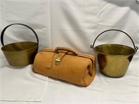2 Brass Buckets / Pots + Vtg Leather Doctors Bag