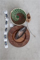African decor baskets, platters, bird feeder