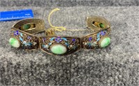 Chinese Jade Silver Vermeil Floral Hinged Bracelet
