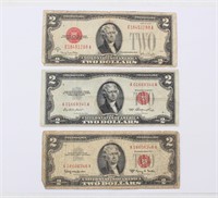 (3) 1928 G, 1953 & 1963 A 2 Dollar Red Seal Notes