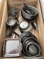 DRAWER OF POTS AND PANS IN KITCHEN