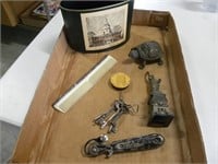 Flat of collectibels: Sterling comb, beer opener