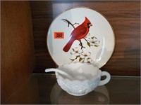 Cardinal plate, milk glass dish, spoon