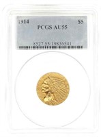 1914 US INDIAN HEAD $5 GOLD COIN PCGS AU55