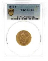 1886-S US LIBERTY HEAD $5 GOLD COIN PCGS MS62