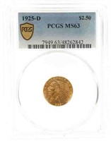 1925-D US INDIAN HEAD $2.50 GOLD COIN PCGS MS63