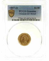 1857-O US $2.50 GOLD COIN PCGS CLEANED - AU DETAIL