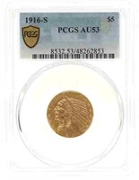 1916-S US $5 INDIAN HEAD HALF EAGLE GOLD COIN PCGS