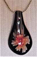 Black Plastic Enamel Floral Pendant on Chain