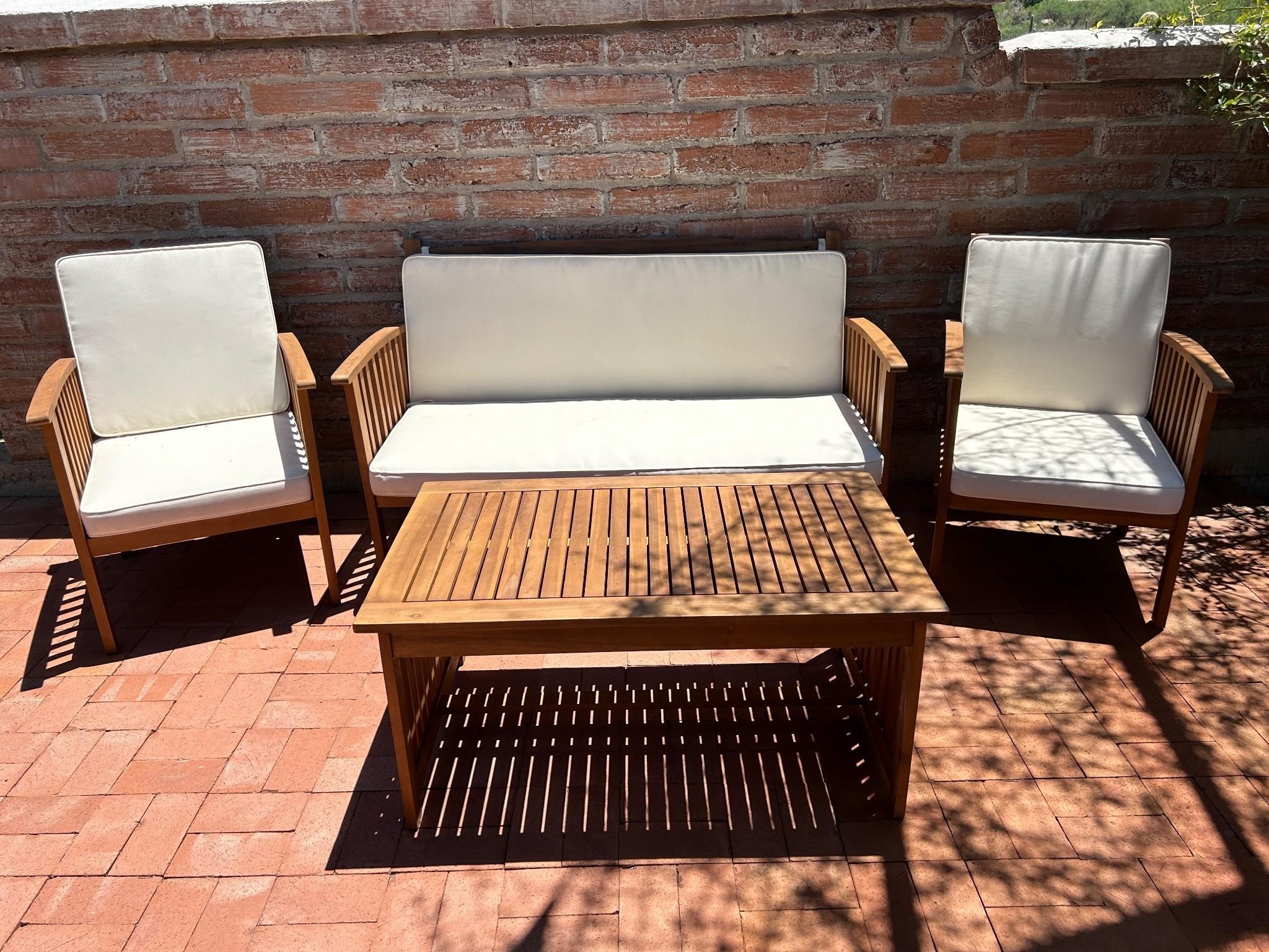 Wood Patio Bench, 2 Chairs, Coffee Table Acacia?