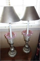 PAIR BOUDOIR LAMPS SILVER PLATE BASES W/CRYSTAL