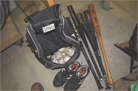 Baseball spikes, balls, bag, bats