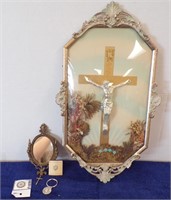 METAL FRAMED CRUCIFIX W/BUBBLE GLASS AND....