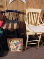 2 HIGH CHAIRS, MIRROR & PAIR OF OILS