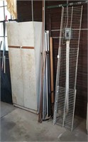 METAL CABINET, COPPER PIPE, CURTAIN RODS, SHELVES