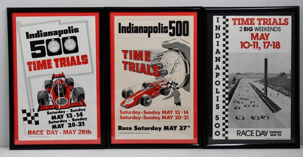 (3) Framed Vintage Indy 500 Time Trials Posters Live and Online
