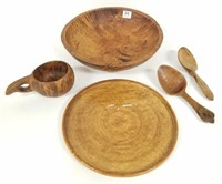 Group of antique woodware including 10" burl wood